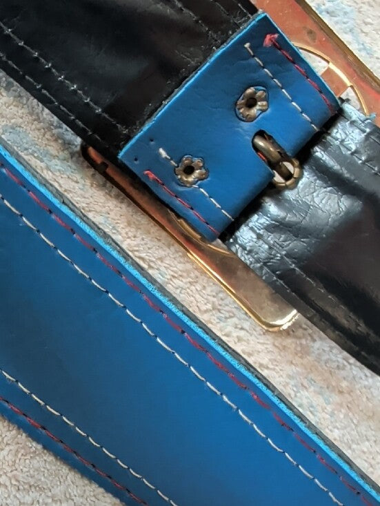 Vintage Stamped Blue Leather Dress Belt with Gold Buckle MCM