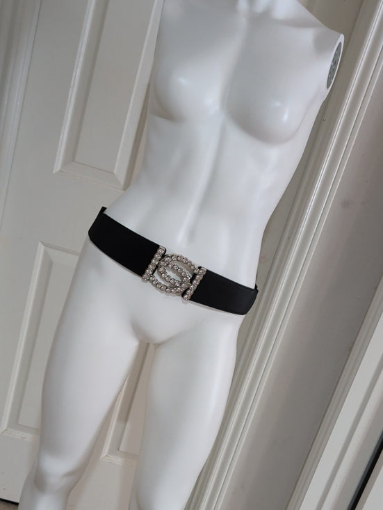 bebe Wide Black Elastic Belt with Crystal Double-Loop Buckle NWOT