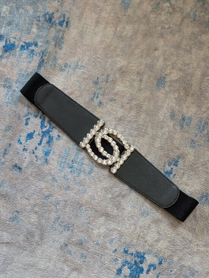bebe Wide Black Elastic Belt with Crystal Double-Loop Buckle NWOT