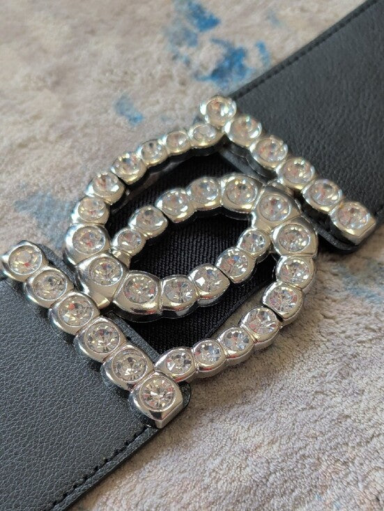 bebe Wide Black Elastic Belt with Crystal Double-Loop Buckle NWOT