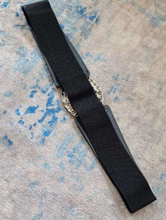 bebe Wide Black Elastic Belt with Crystal Double-Loop Buckle NWOT
