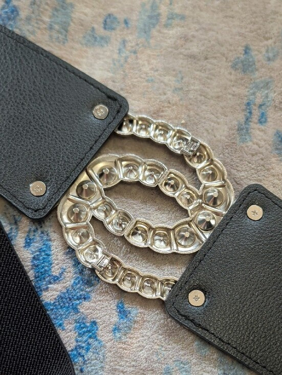 bebe Wide Black Elastic Belt with Crystal Double-Loop Buckle NWOT
