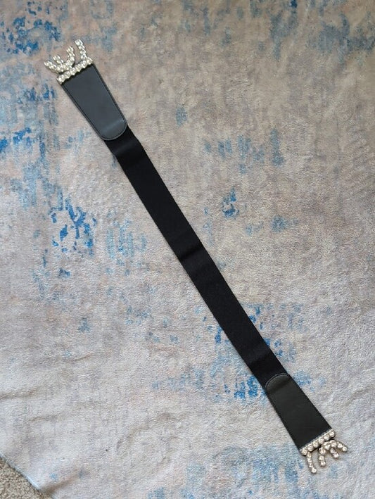 bebe Wide Black Elastic Belt with Crystal Double-Loop Buckle NWOT