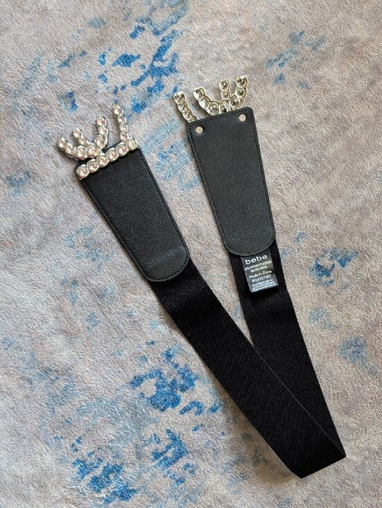 bebe Wide Black Elastic Belt with Crystal Double-Loop Buckle NWOT