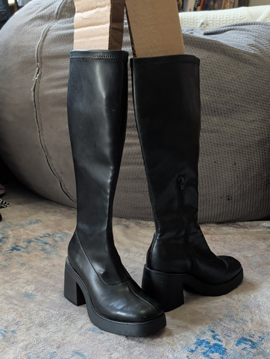 Faux Leather Black Knee High Platform Block Heel Boots Women 6.5 US