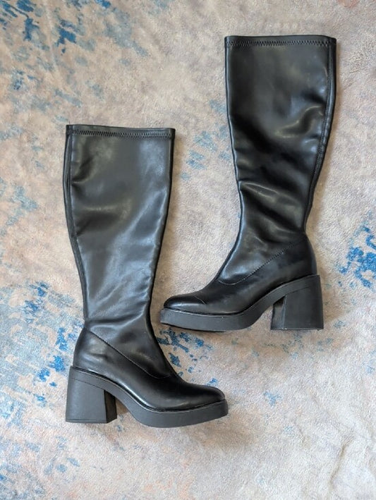 Faux Leather Black Knee High Platform Block Heel Boots Women 6.5 US