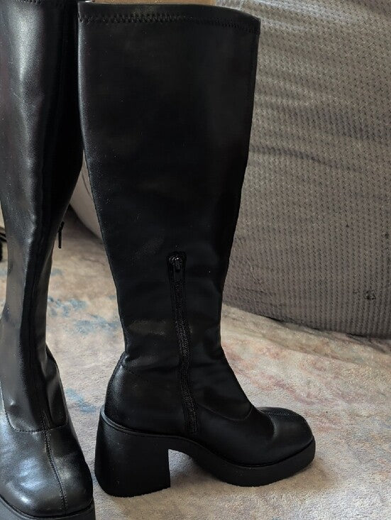 Faux Leather Black Knee High Platform Block Heel Boots Women 6.5 US