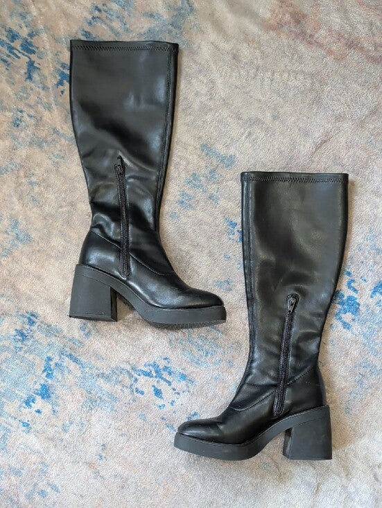 Faux Leather Black Knee High Platform Block Heel Boots Women 6.5 US
