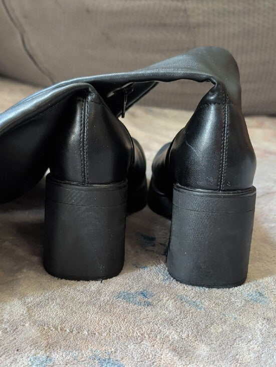 Faux Leather Black Knee High Platform Block Heel Boots Women 6.5 US