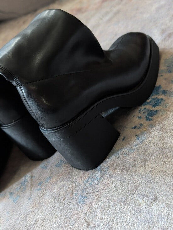 Faux Leather Black Knee High Platform Block Heel Boots Women 6.5 US