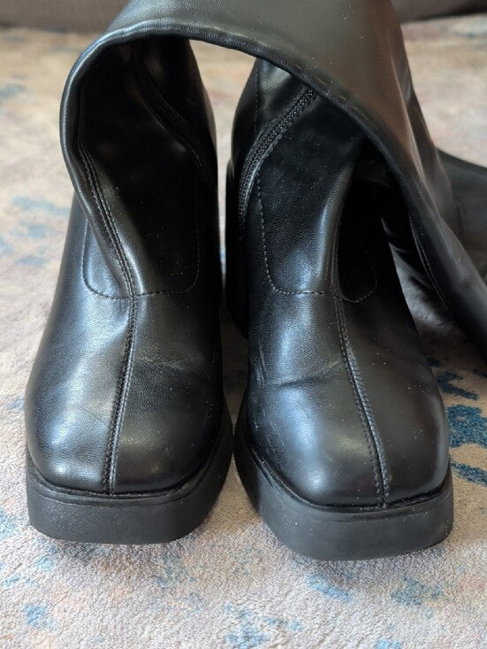 Faux Leather Black Knee High Platform Block Heel Boots Women 6.5 US
