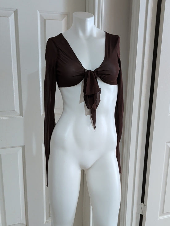 H&M Chocolate Brown Sheer Long-Sleeve Tie-Front Crop Top Women's XS