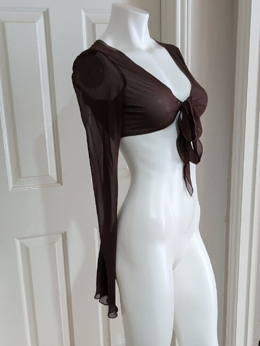 H&M Chocolate Brown Sheer Long-Sleeve Tie-Front Crop Top Women's XS