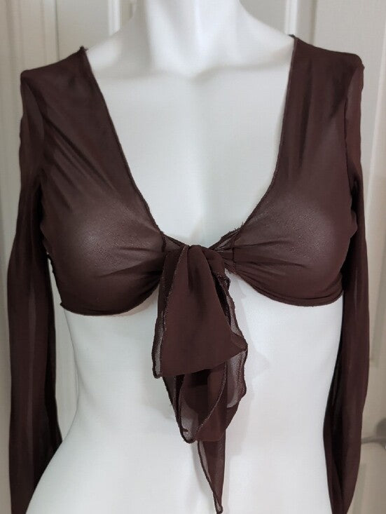 H&M Chocolate Brown Sheer Long-Sleeve Tie-Front Crop Top Women's XS