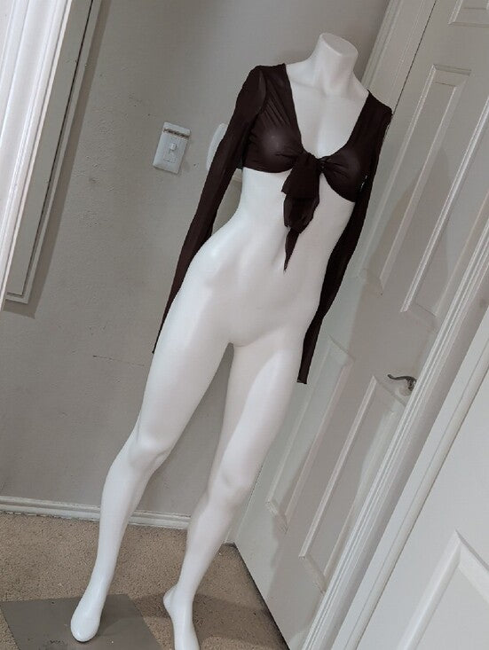 H&M Chocolate Brown Sheer Long-Sleeve Tie-Front Crop Top Women's XS