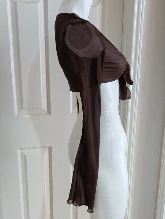 H&M Chocolate Brown Sheer Long-Sleeve Tie-Front Crop Top Women's XS