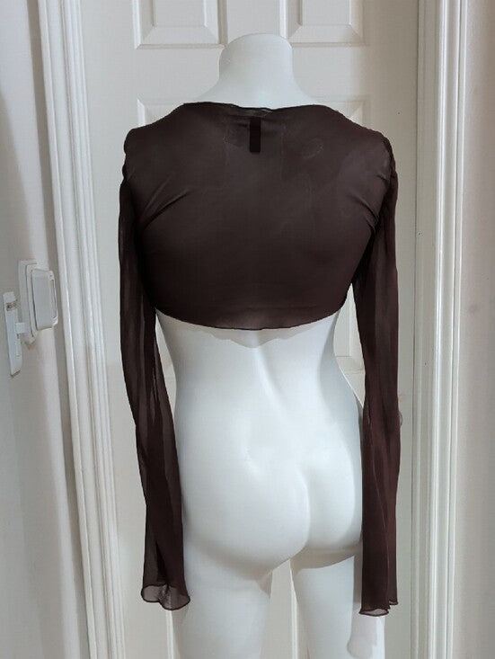 H&M Chocolate Brown Sheer Long-Sleeve Tie-Front Crop Top Women's XS