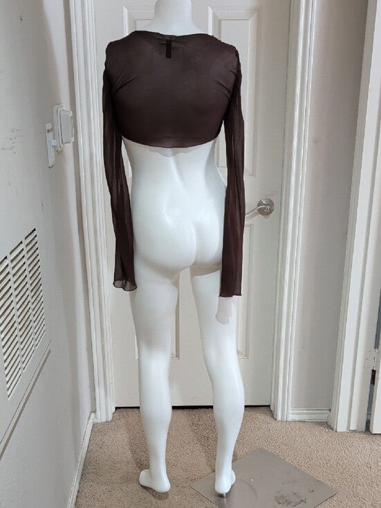 H&M Chocolate Brown Sheer Long-Sleeve Tie-Front Crop Top Women's XS
