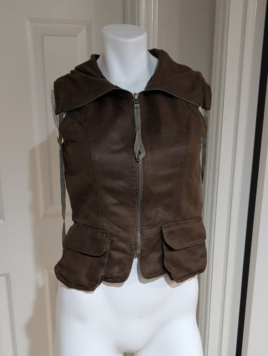 miilla Women's Brown Faux Leather Mock Hooded Vest with Front Zip Small