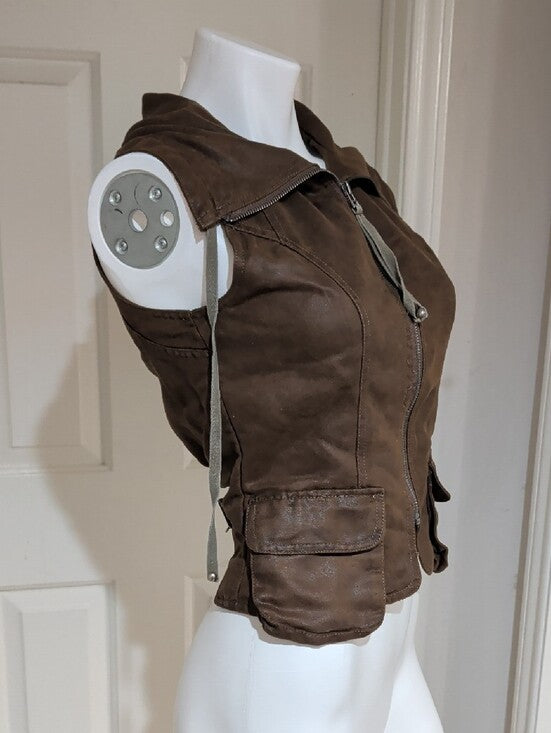 miilla Women's Brown Faux Leather Mock Hooded Vest with Front Zip Small