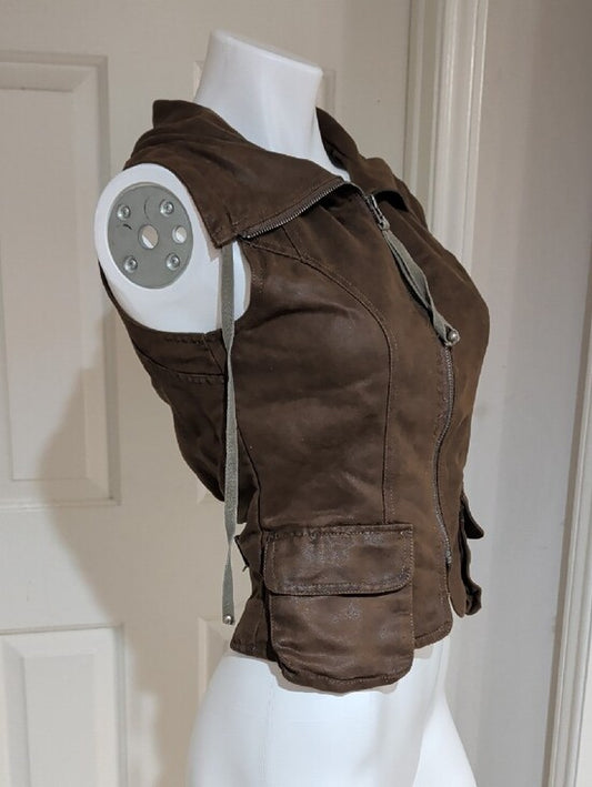 miilla Women's Brown Faux Leather Mock Hooded Vest with Front Zip Small