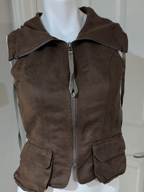 miilla Women's Brown Faux Leather Mock Hooded Vest with Front Zip Small