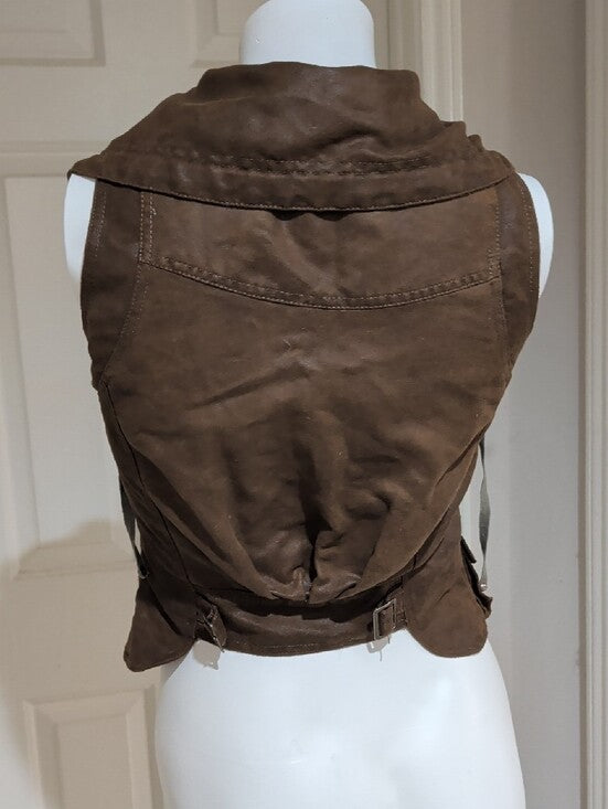 miilla Women's Brown Faux Leather Mock Hooded Vest with Front Zip Small