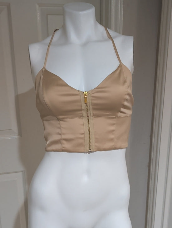 bebe Beige Satin Zip-Front Cropped Camisole Women's Small
