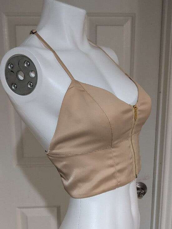 bebe Beige Satin Zip-Front Cropped Camisole Women's Small