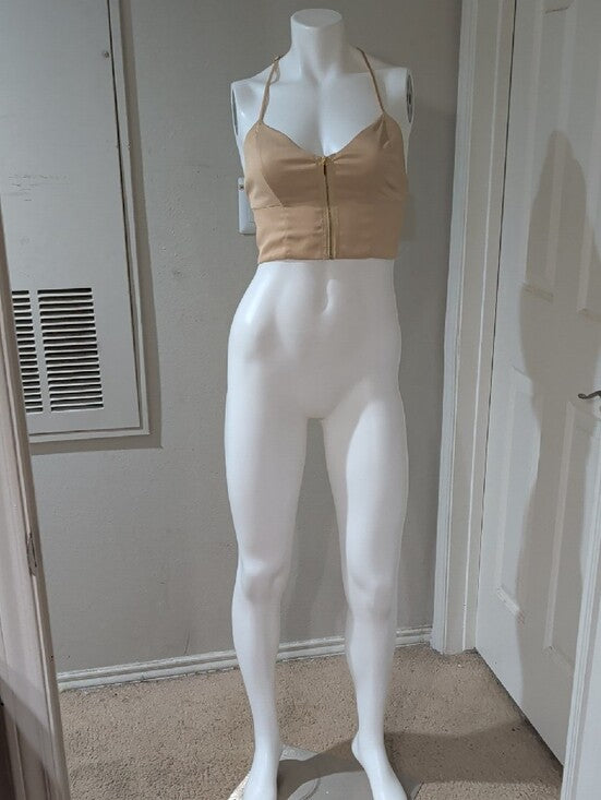 bebe Beige Satin Zip-Front Cropped Camisole Women's Small
