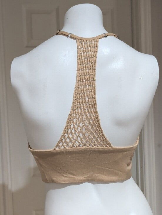 bebe Beige Satin Zip-Front Cropped Camisole Women's Small