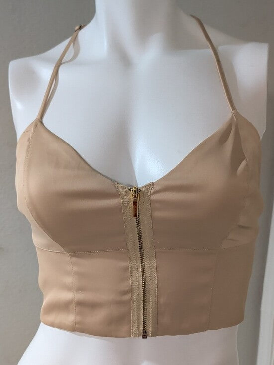 bebe Beige Satin Zip-Front Cropped Camisole Women's Small