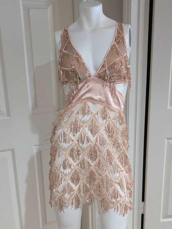 Bella Barnett Sheer Sequin Fringe V-Neck Mini Dress in Blush Women's Small