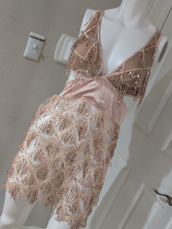 Bella Barnett Sheer Sequin Fringe V-Neck Mini Dress in Blush Women's Small