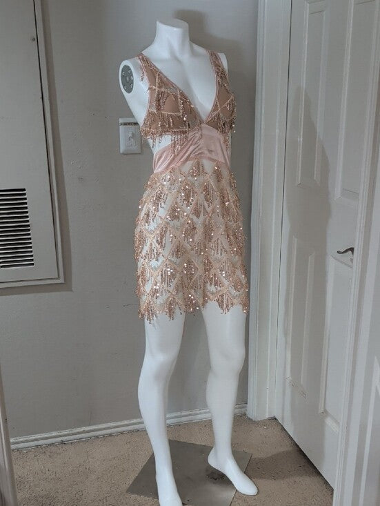 Bella Barnett Sheer Sequin Fringe V-Neck Mini Dress in Blush Women's Small