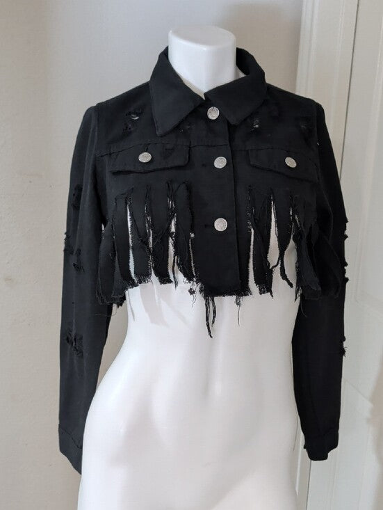 Thrill Black Cropped Fringe Jean Jacket 100% Cotton Women's Medium