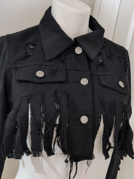 Thrill Black Cropped Fringe Jean Jacket 100% Cotton Women's Medium