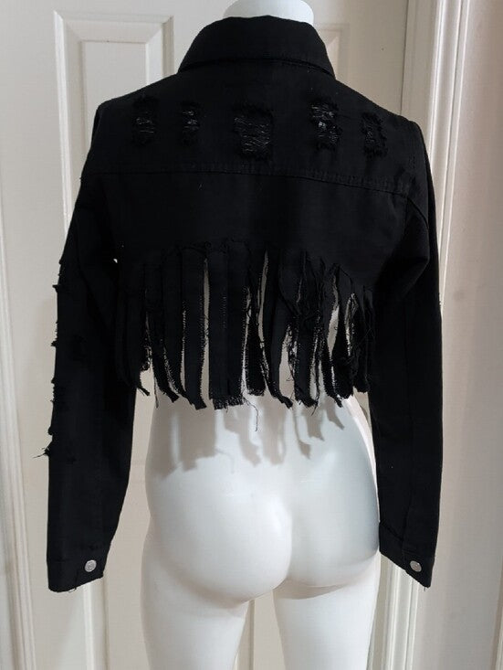 Thrill Black Cropped Fringe Jean Jacket 100% Cotton Women's Medium