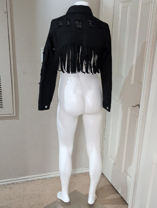 Thrill Black Cropped Fringe Jean Jacket 100% Cotton Women's Medium