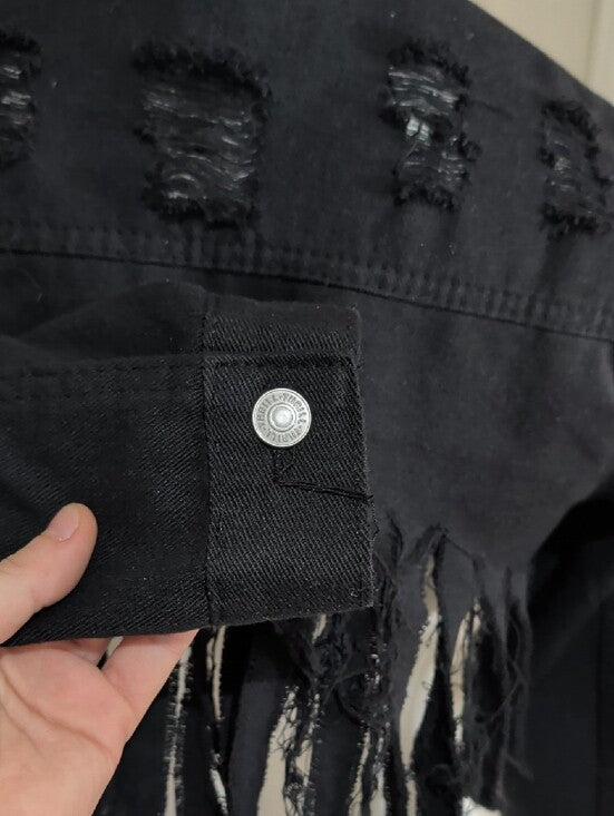 Thrill Black Cropped Fringe Jean Jacket 100% Cotton Women's Medium