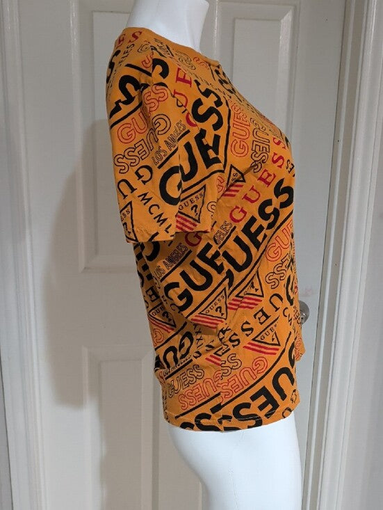 GUESS Orange Allover Logo Short Sleeve Tee Women's Medium