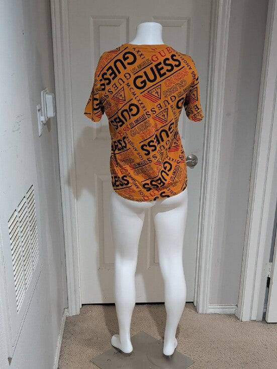 GUESS Orange Allover Logo Short Sleeve Tee Women's Medium