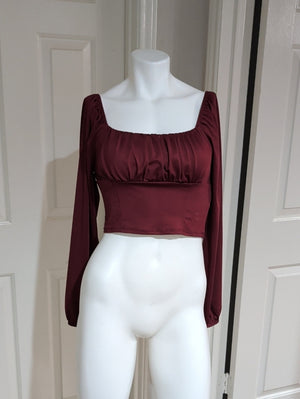 Live In The Moment Ruched Square-Neck Burgundy Long Sleeve Crop Top Women's M