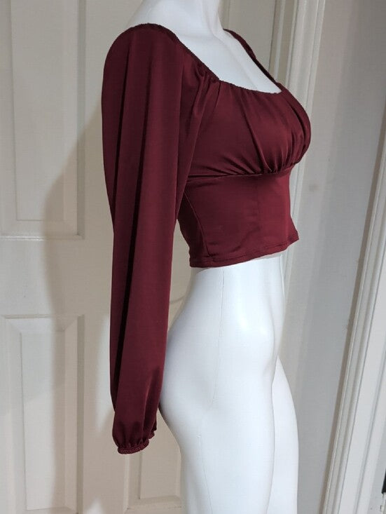 Live In The Moment Ruched Square-Neck Burgundy Long Sleeve Crop Top Women's M