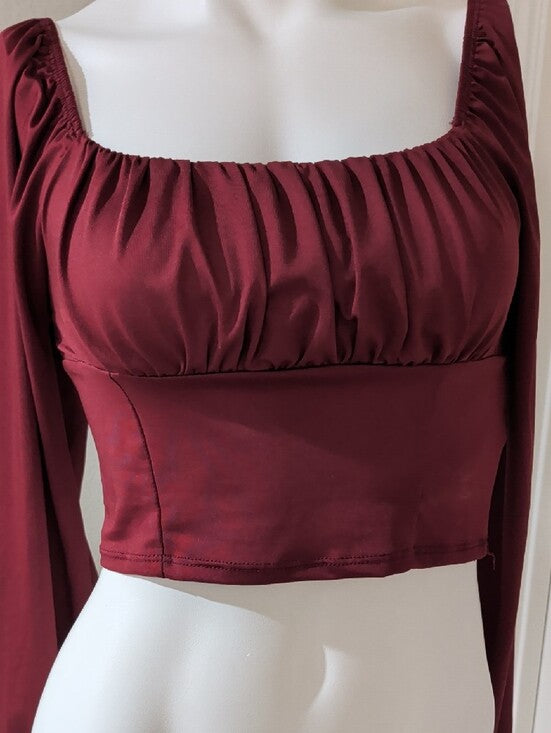 Live In The Moment Ruched Square-Neck Burgundy Long Sleeve Crop Top Women's M