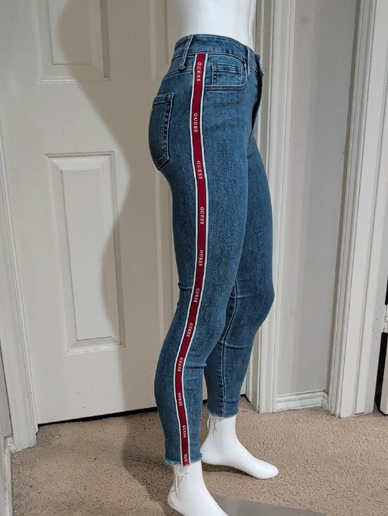 Guess High-Rise Dark Blue Skinny Jeans with Red Side Stripe Women's 25 US