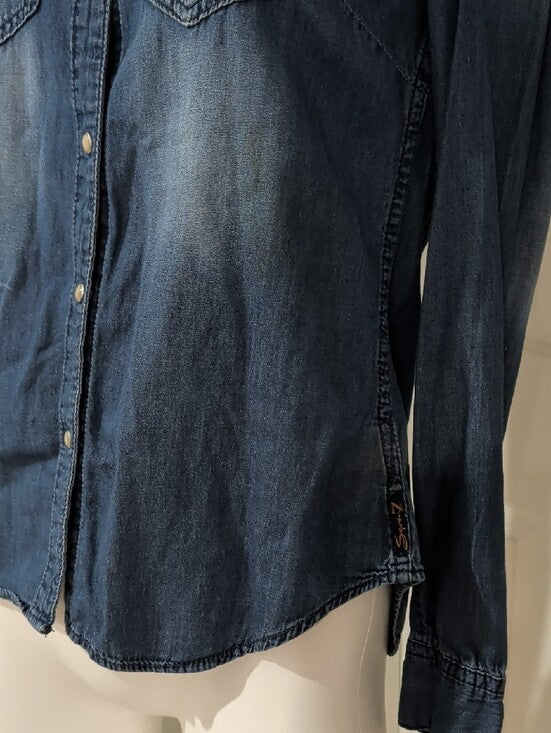 Seven7 Embellished Blue Denim Button-Down Shirt Women's Small 100% Cotton