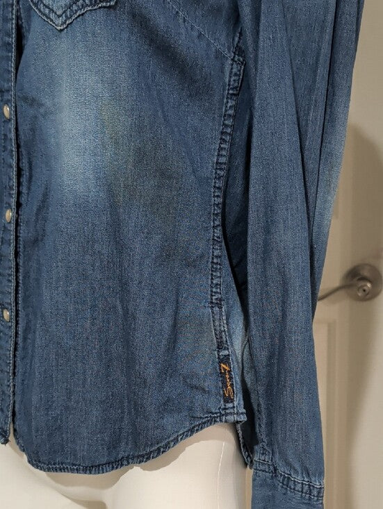 Seven7 Embellished Blue Denim Button-Down Shirt Women's Small 100% Cotton
