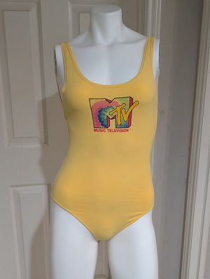 MTV Yellow Scoop Neck Tank One-Piece Bodysuit with Tie-Dye Logo Women's Small