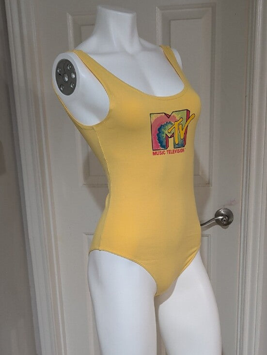 MTV Yellow Scoop Neck Tank One-Piece Bodysuit with Tie-Dye Logo Women's Small